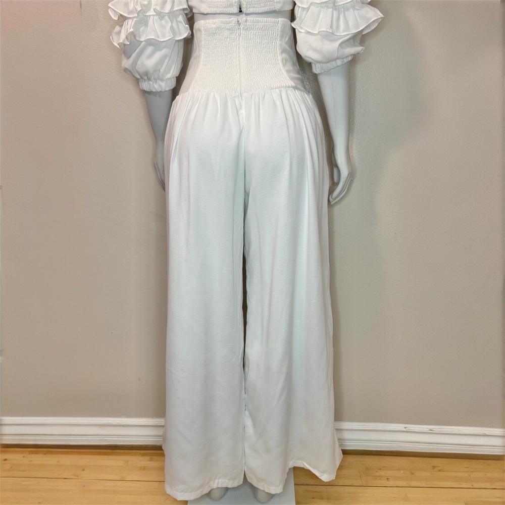 White off the shoulder ruffle crop top high waisted wide leg pants set - Picture 7 of 8